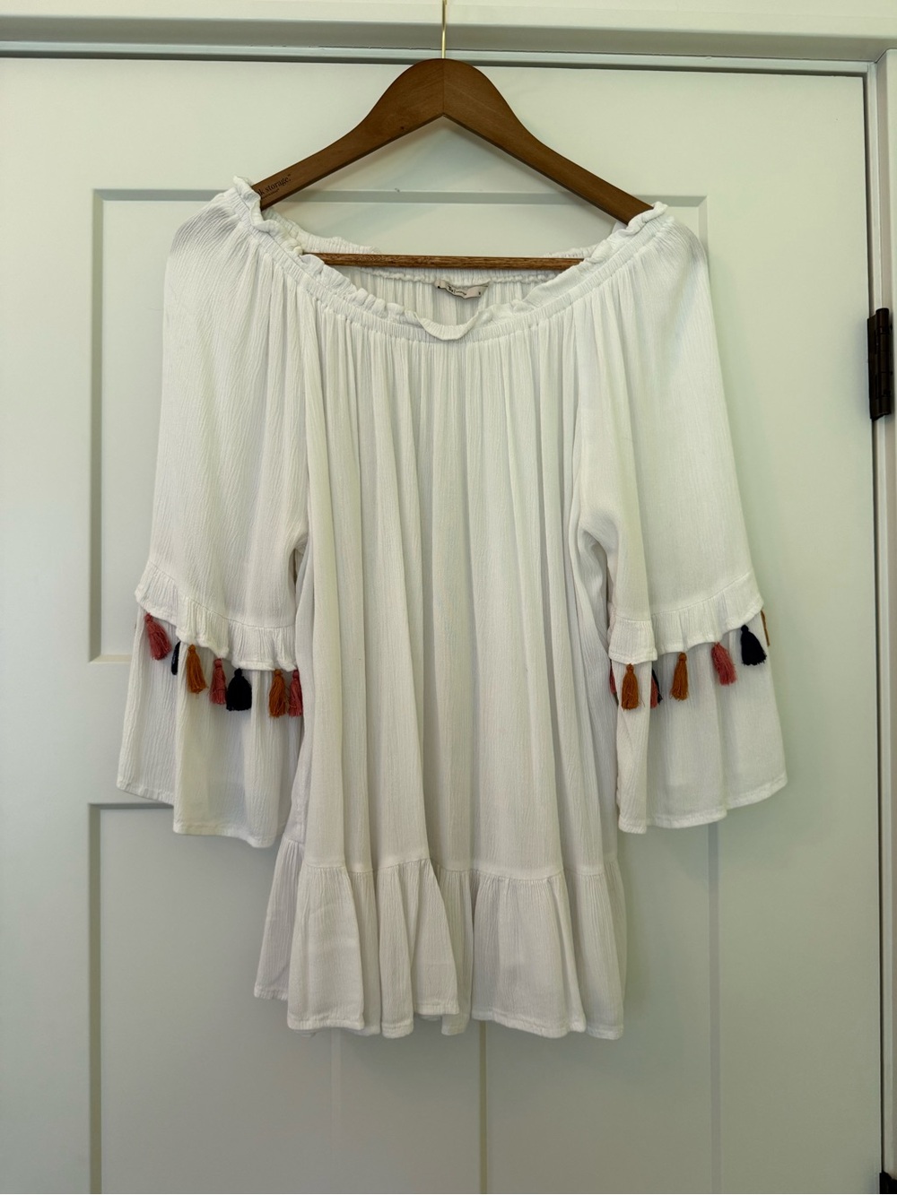 Tu Women White Boho Off-Shoulder Tassel Tunic Top Size 12 (UK 16)